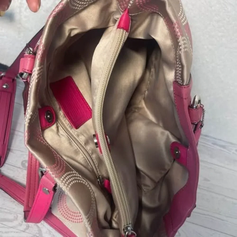 Coach Signature Ashley‎ Dotted Op Art Satchel Dot Pink and Tan Handbag F20049